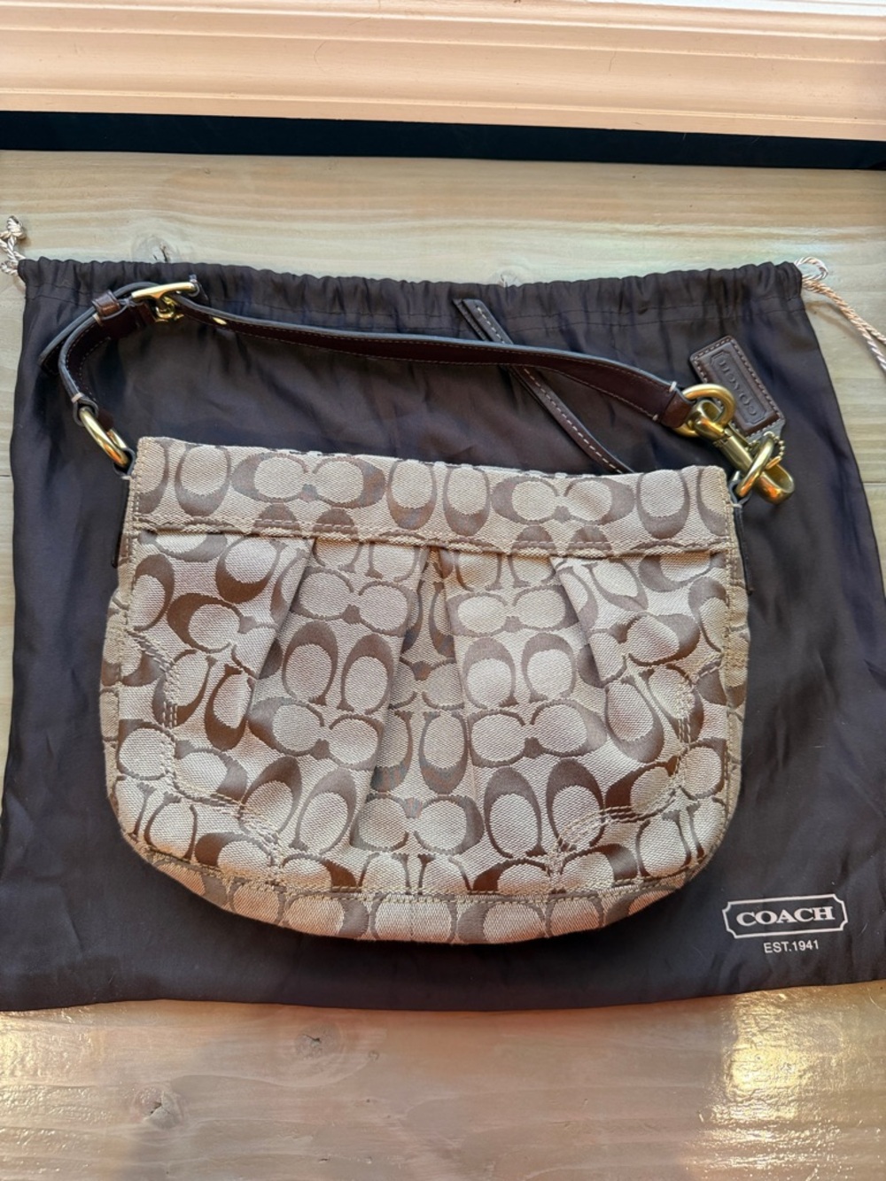 Coach Khaki and Brown Signature Shoulder Bag